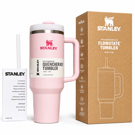Pink Stanley Quencher H2.0 FlowState 40oz insulated tumblers with handle and straw lid